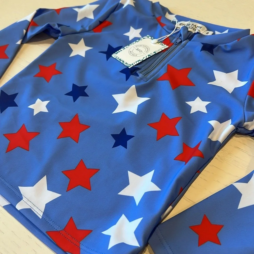 Rylee Faith Stars Stripes Girl Rashguard Swim Set 2 3 4 5 6 7 4th of July